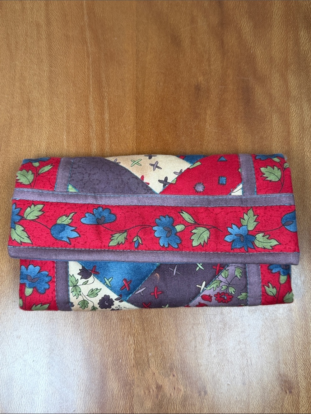 Handcrafted Quilted Wallet Red Blue Tan Large Like New!